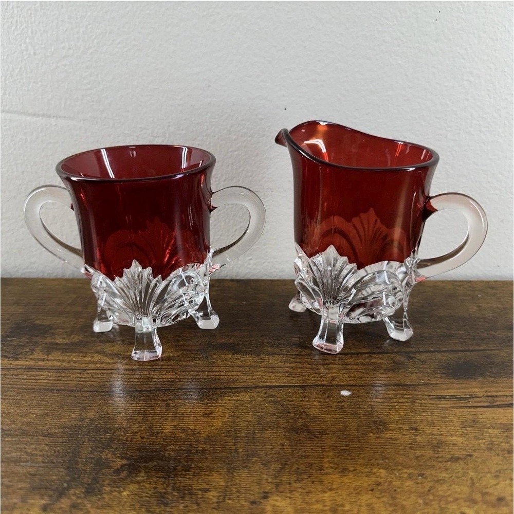 Vintage Ruby Red Glass Creamer Sugar Set, Clear Footed Base Mid Century